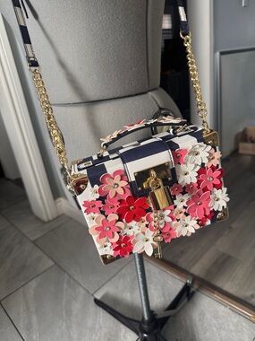 Aldo Navy Striped Crossbody with Pink & White Floral Appliqués